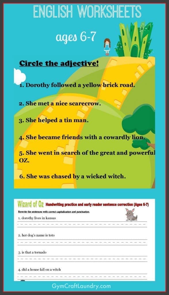 First Grade English Worksheets: Wizard of Oz themed - Gym Craft Laundry