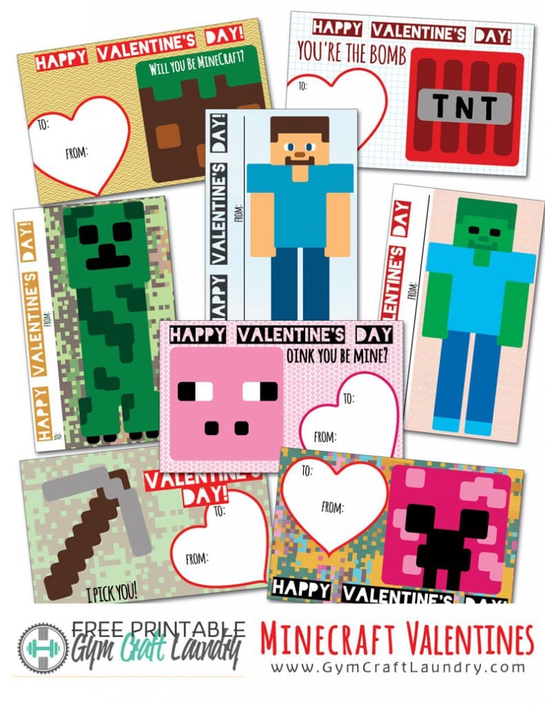 Printable Minecraft Valentines cards for the class Gym Craft Laundry