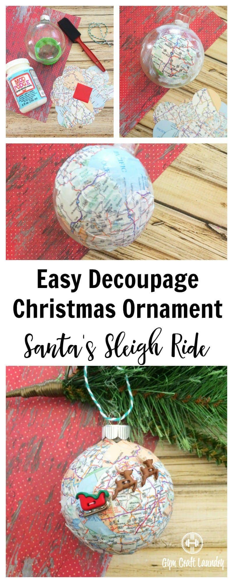 Easy Decoupage idea for Christmas. Make this adorable Santa Sleigh Decoupage Ornament in minutes! 