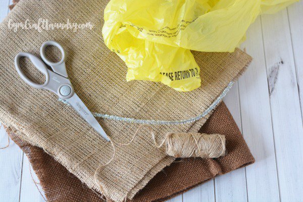 Materials needed for the DIY burlap ribbon angel ornament. 