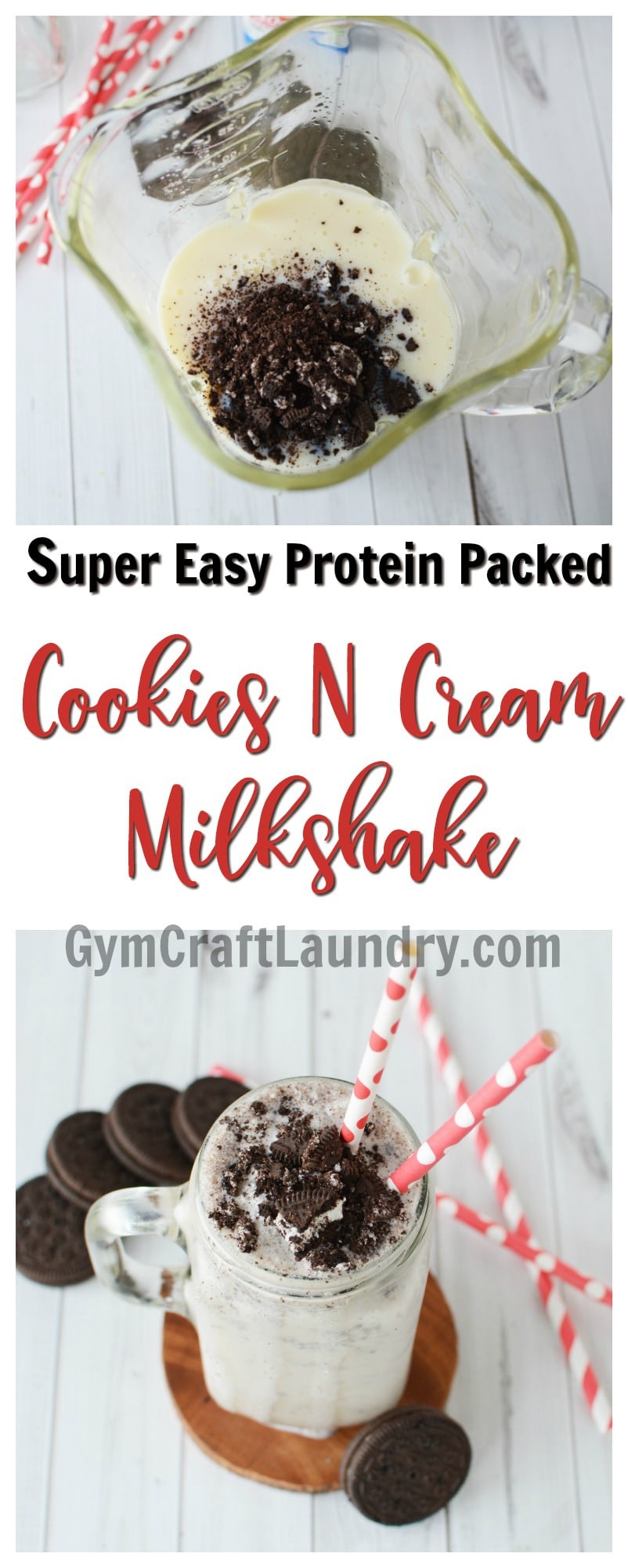 This protein smoothie makes healthier choices taste less boring! Try this easy and delicious Cookies and Cream Protein Milk Shake #gymcraftlaundry